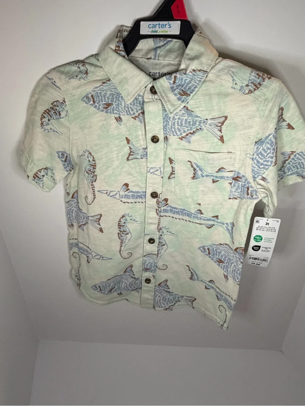 Carter's Mint Green Short-Sleeve Button-Up with Blue & Brown Sea Life